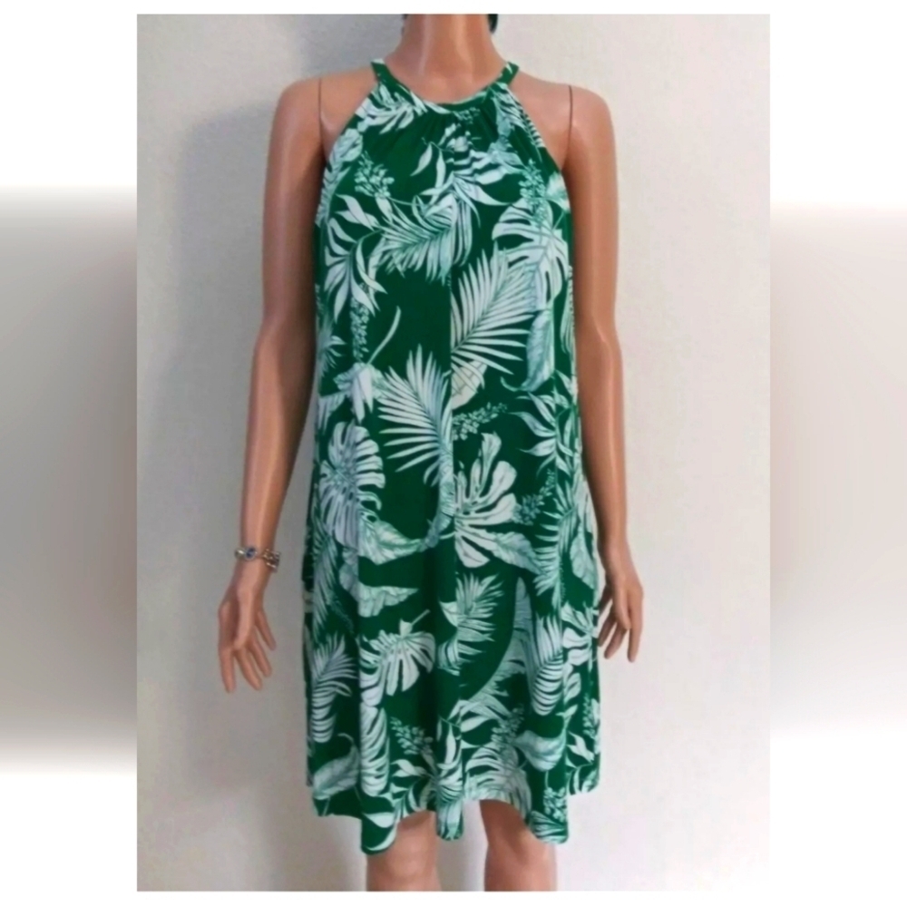 Tahari Women's Size Med Green/White Palm Leaf High Neck Sleeveless Swing Dress
